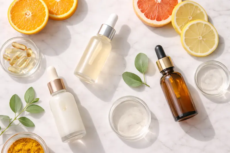 Antioxidant skincare serums with vitamin A, vitamin C and vitamin E ingredients on white marble surface
