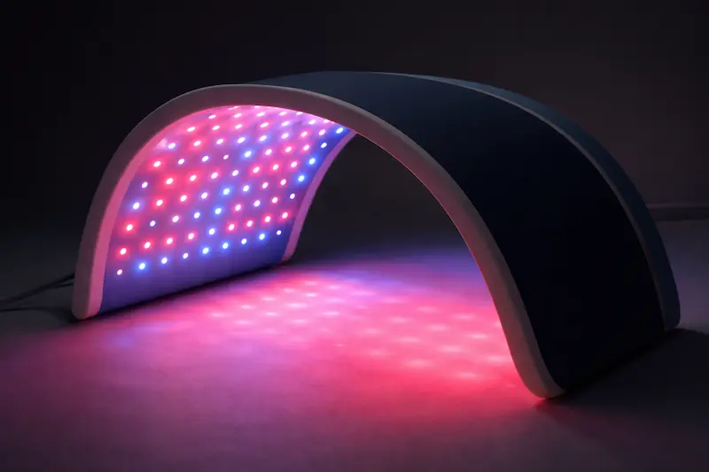 Celluma LED light therapy panel emitting red and blue light for skin rejuvenation, collagen stimulation and acne treatment