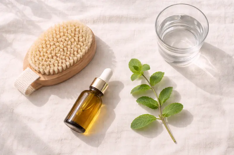 Dry brush, essential oils and water representing holistic keys to a toned body including massage, detox, hydration and exercise