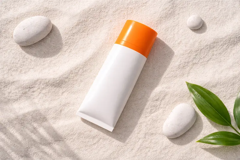 SPF sunscreen bottle on white sand with pebbles and green leaf representing broad spectrum sun protection for skin health