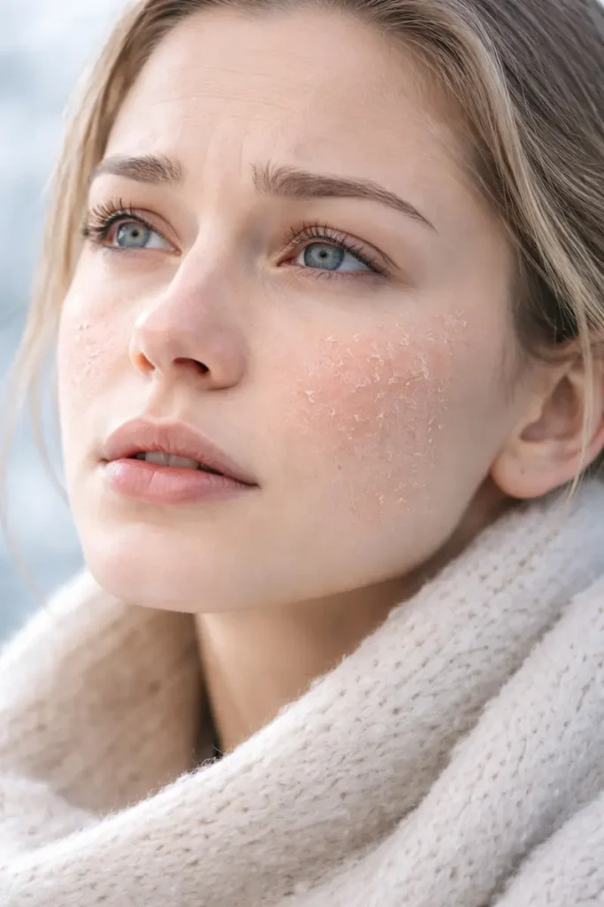 Woman with winter dry skin showing tight, flaky skin on cheeks caused by cold weather and low humidity