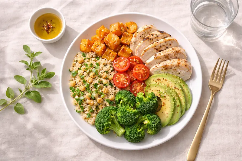 Nourishing whole food meal on white plate illustrating the health and digestion benefits of chewing food thoroughly