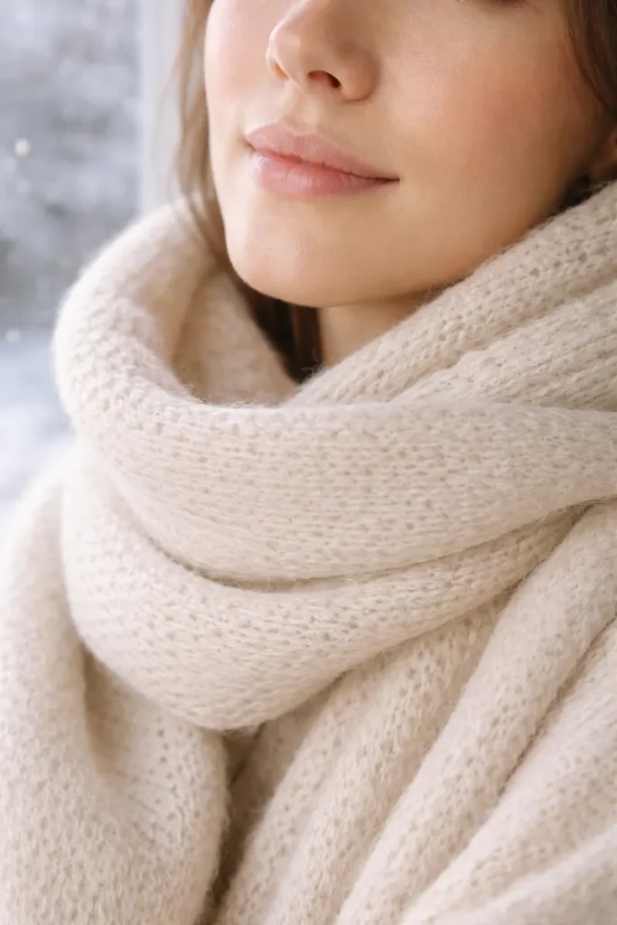 Woman with glowing healthy skin in winter showing importance of hydration and barrier protection during cold weather