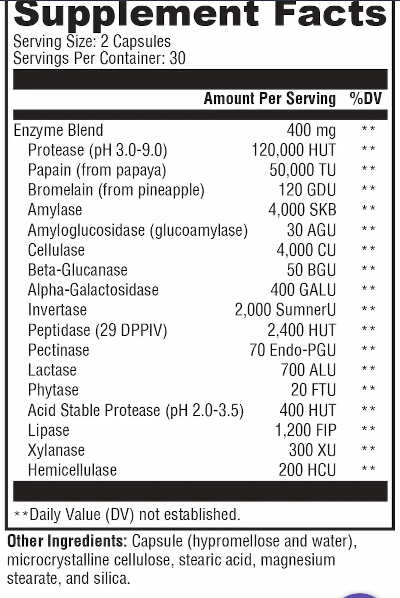 Unique Verve broad-spectrum digestive enzyme support formula supplement fact sheet