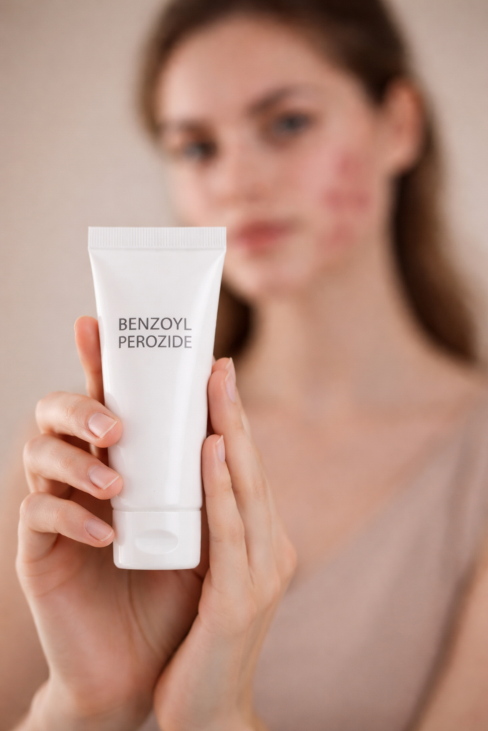 Benzoyl peroxide product in focus with blurred woman experiencing hormonal acne and skin irritation in background