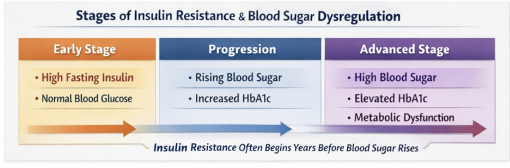 Chart showing the progression of insulin resistance from elevated fasting insulin with normal glucose to increased blood sugar and metabolic dysfunction. 