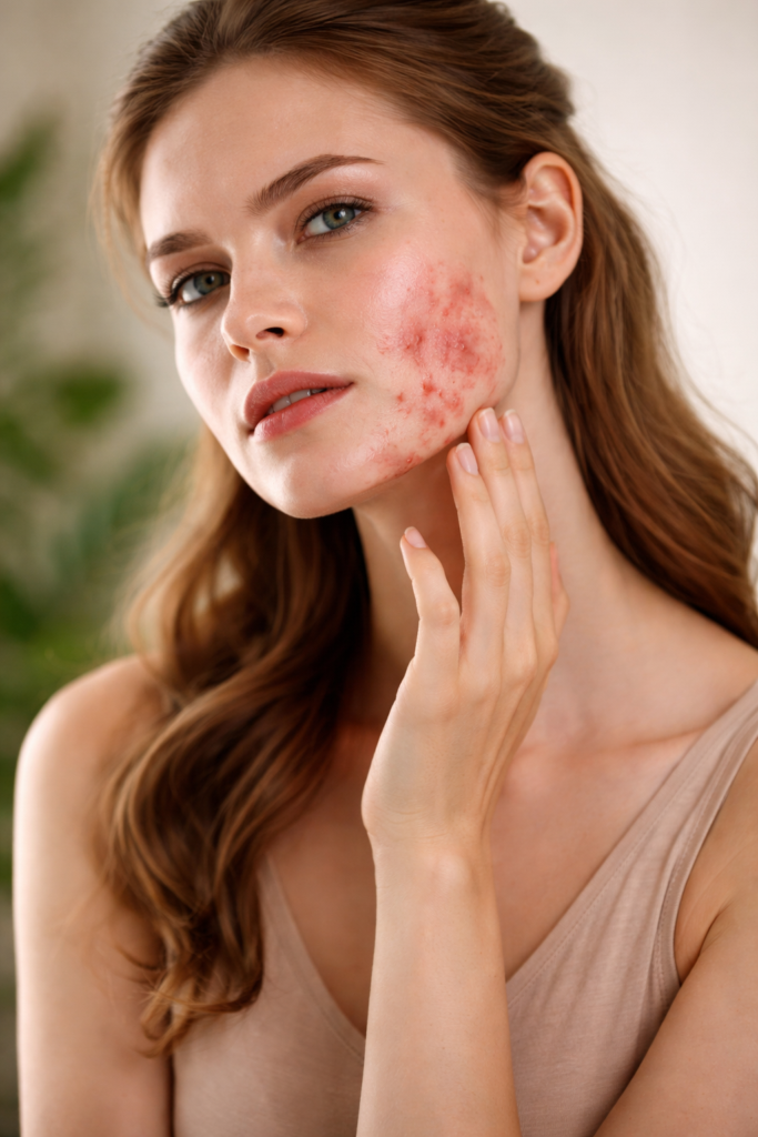 Woman with hormonal acne on chin and cheeks touching jawline in soft natural light, skin barrier irritation visible.