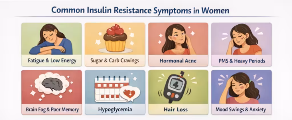 Chart listing common insulin resistance symptoms in women including fatigue, sugar cravings, hormonal acne, PMS, brain fog, and hypoglycemia.