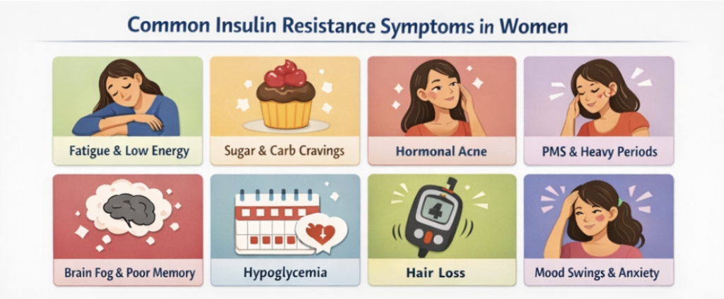 Chart listing common insulin resistance symptoms in women including fatigue, sugar cravings, hormonal acne, PMS, brain fog, and hypoglycemia.