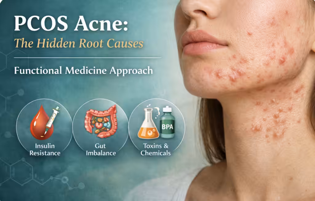 PCOS acne along the jawline showing hormonal breakouts associated with polycystic ovary syndrome and root causes such as insulin resistance, gut imbalance, and environmental toxins.