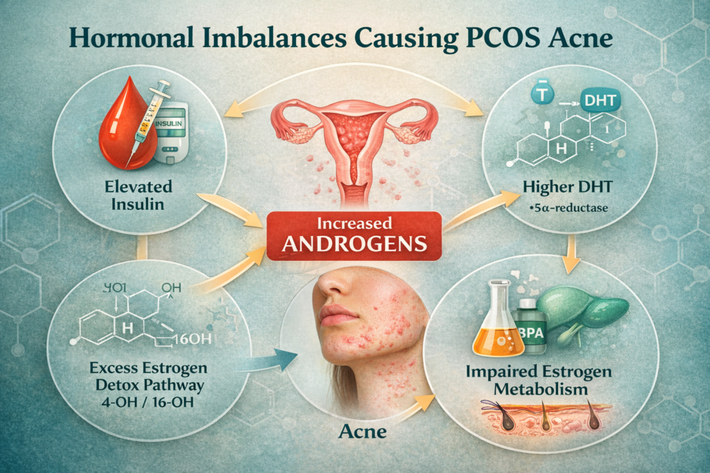 Diagram explaining hormonal root causes of PCOS acne including elevated insulin, increased DHT, impaired estrogen metabolism, and toxin exposure contributing to jawline acne.