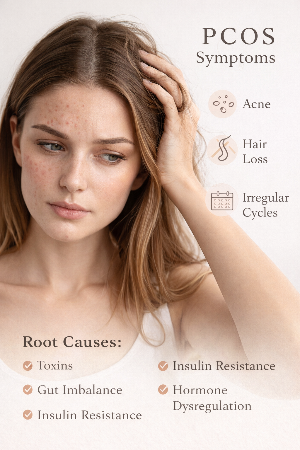 Woman with PCOS acne on cheeks alongside a diagram showing common PCOS symptoms including hair loss, irregular cycles, and root causes such as insulin resistance, gut imbalances, toxins, and hormone dysregulation