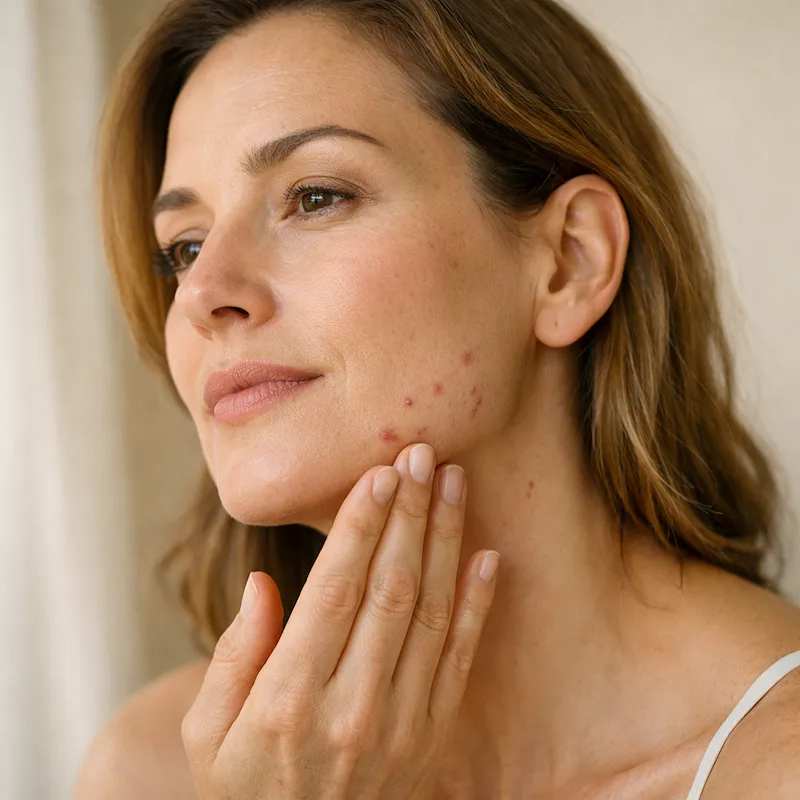Woman in her early 40s with jawline acne examining her skin in natural light, representing adult-onset hormonal acne in perimenopause