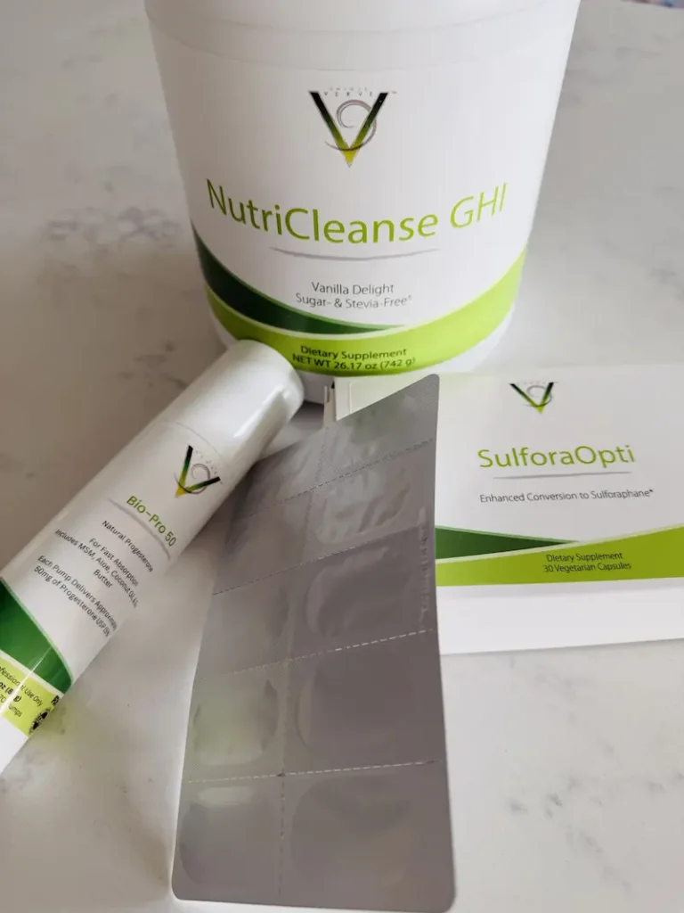 Bio-Pro bioidentical progesterone cream, NutriCleanse GHI and SulforaOpti supplements for perimenopausal rosacea functional medicine protocol