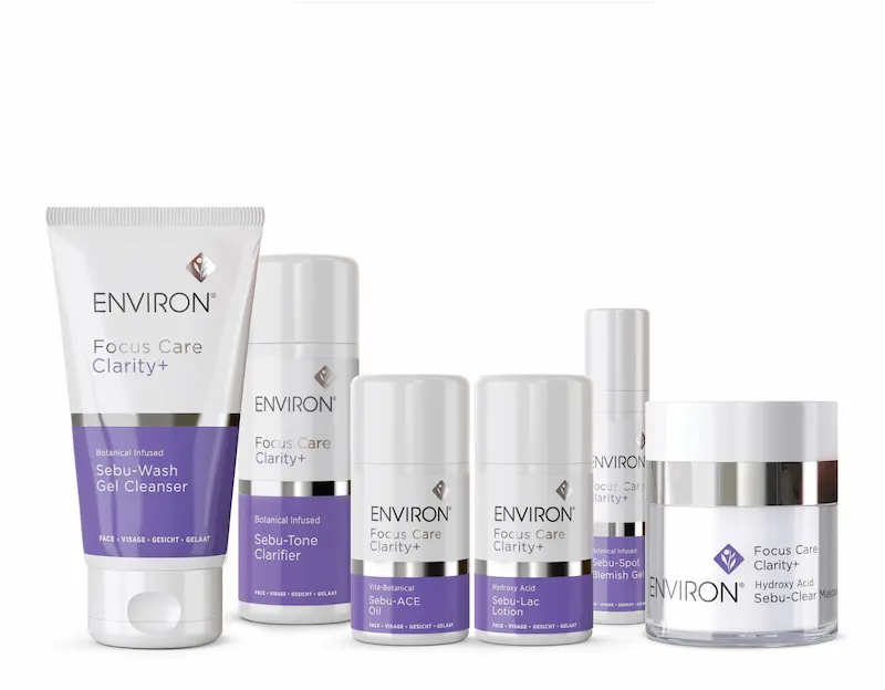 Environ Focus Care Clarity Range kit for hormonal acne treatment including Sebu-Wash, Sebu-Tone, and Sebu-Spot products
