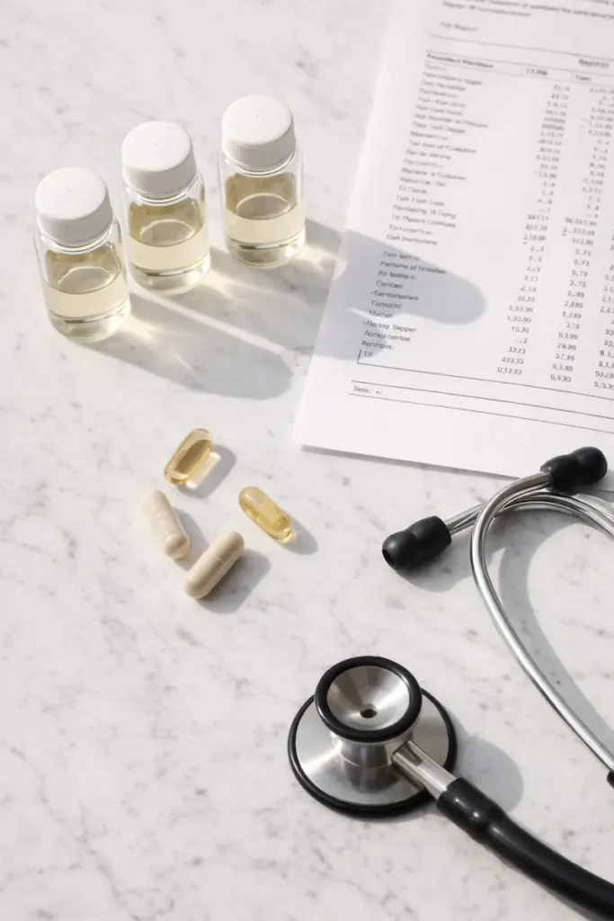 Functional medicine lab vials and test results for hormonal acne root cause testing including insulin and hormone panels