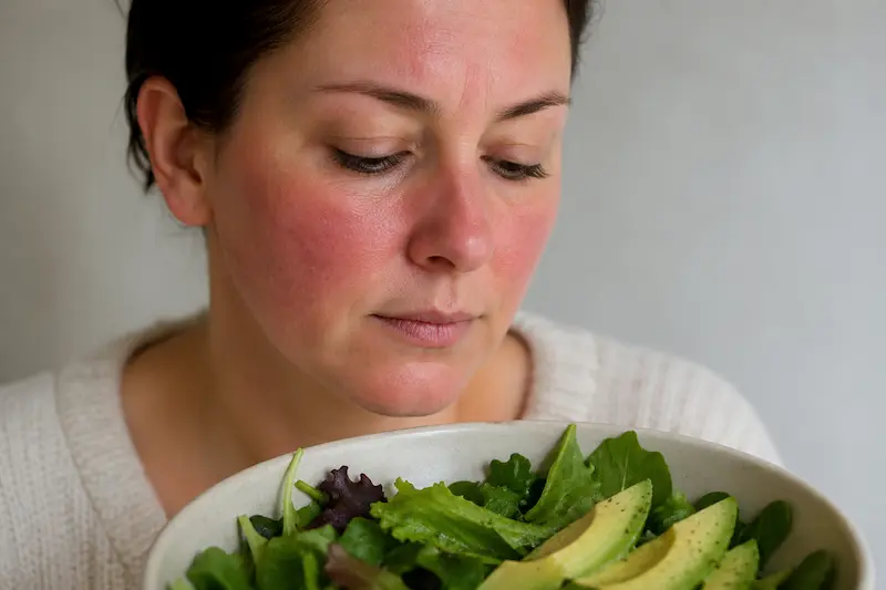 Woman with rosacea facial redness and flushing exploring histamine rosacea gut connection through functional medicine root cause approach