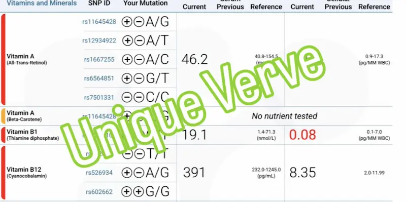 Vibrant Wellness Micronutrient test result showing double SNP and suboptimal vitamin A levels and double SNP to B1 and B12 with low B1 in a woman with hormonal acne