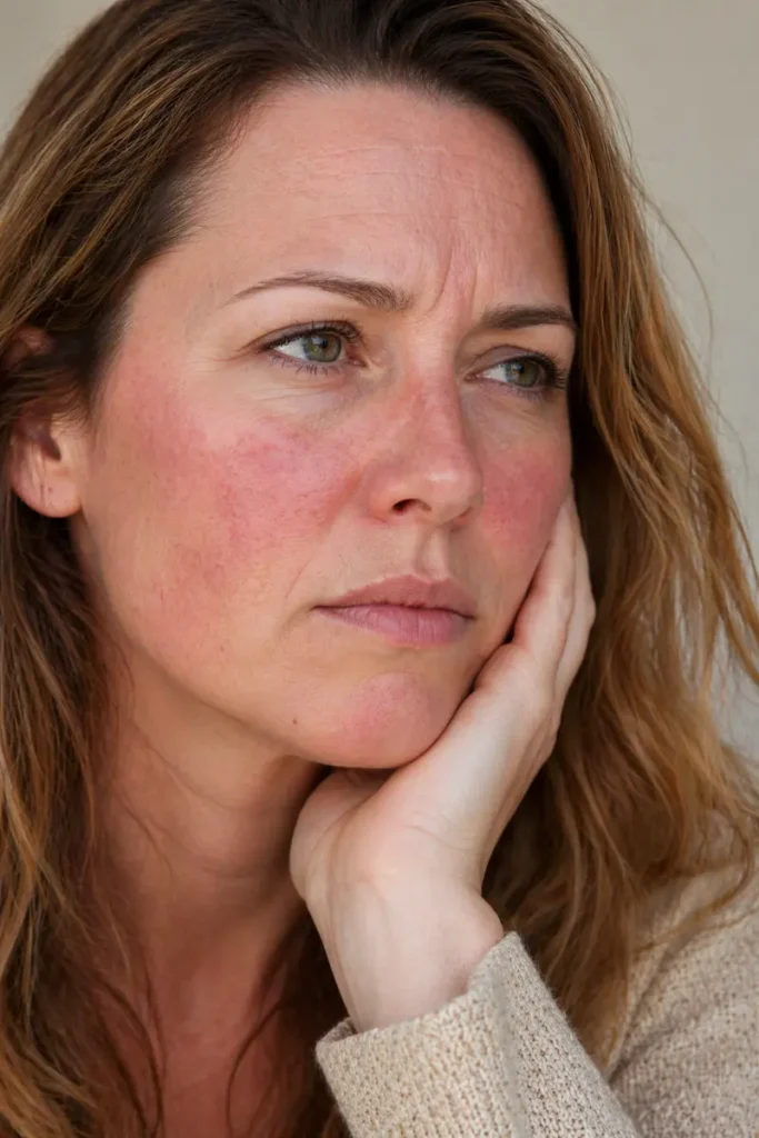 Rosacea perimenopause functional medicine approach is explored by a woman in her 40s with perimenopausal rosacea facial redness