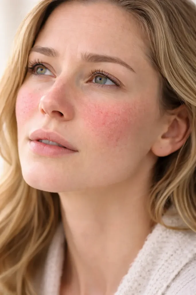 Woman with facial redness and flushing from rosacea exploring functional medicine root cause approach