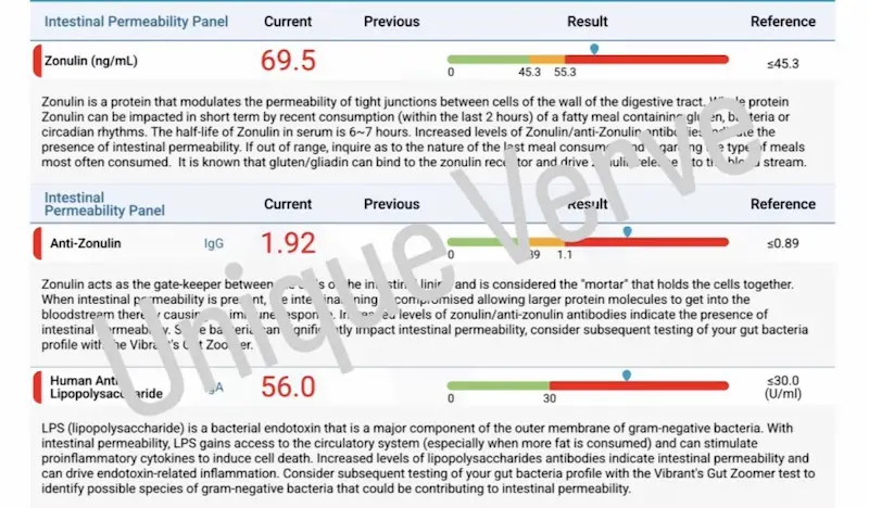 Vibrant Wellness Wheat Zoomer lab results showing elevated anti-LPS antibodies and intestinal permeability markers in rosacea patient