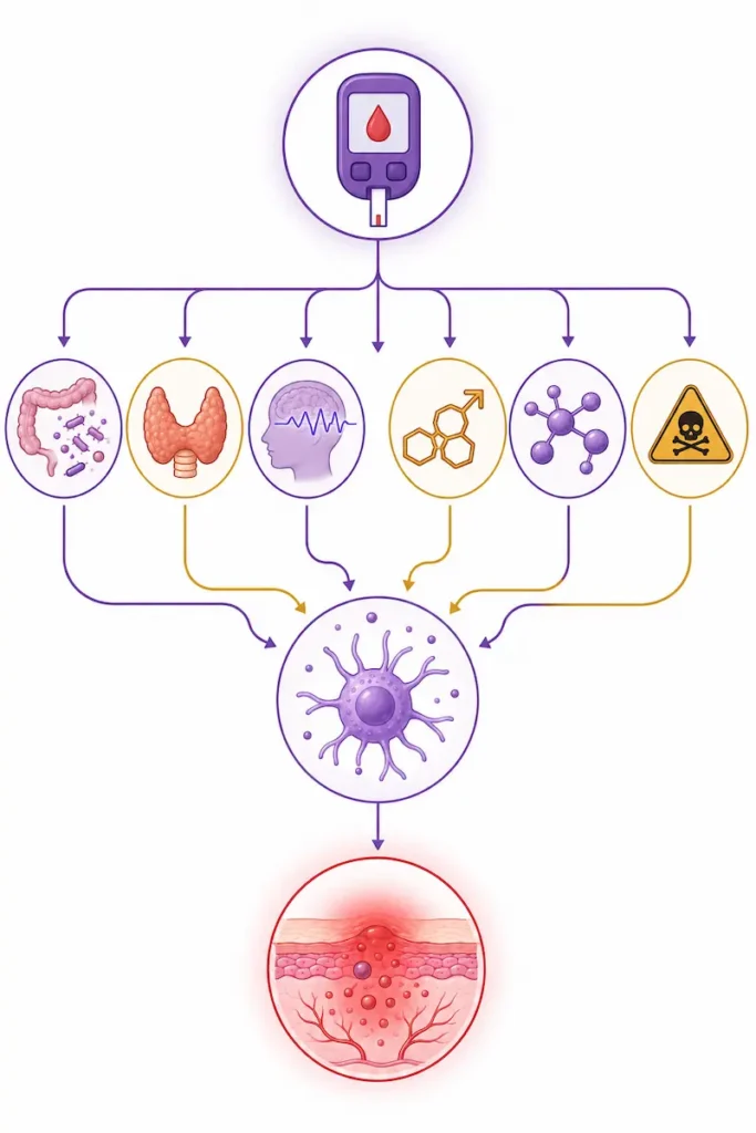 Is Rosacea Caused by Demodex Mites: Diagram showing seven upstream drivers of Demodex rosacea overgrowth — blood sugar dysregulation, gut dysbiosis, thyroid dysfunction, cortisol, androgens, nutrient insufficiency and toxic burden — cascading to impaired immune regulation and skin inflammation
