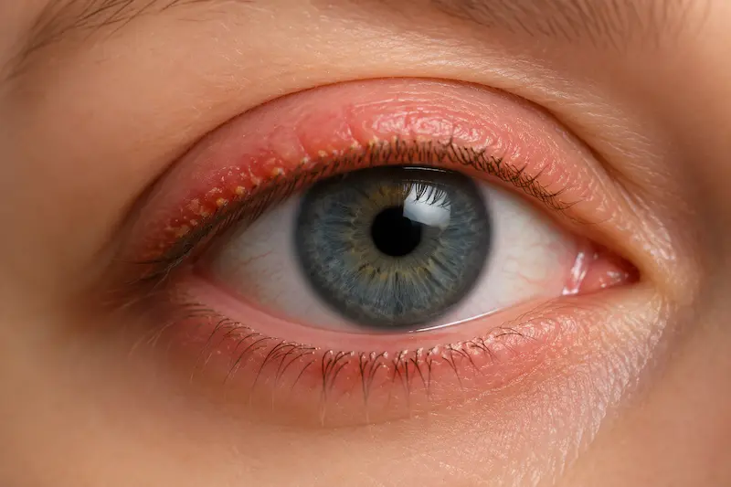 Medical illustration of eyelid margin inflammation and crusting at lash base indicating Demodex blepharitis as systemic immune dysregulation signal in ocular rosacea