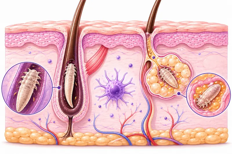 Is Rosacea Caused by Demodex Mites: Medical illustration showing Demodex folliculorum mite in hair follicle and Demodex brevis in sebaceous gland with Langerhans immune cell regulation in rosacea skin
