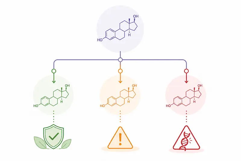 Diagram showing estrogen Phase I liver metabolism pathways — protective 2-OH, estrogenic 16-OH, and DNA-damaging 4-OH-E1 routes