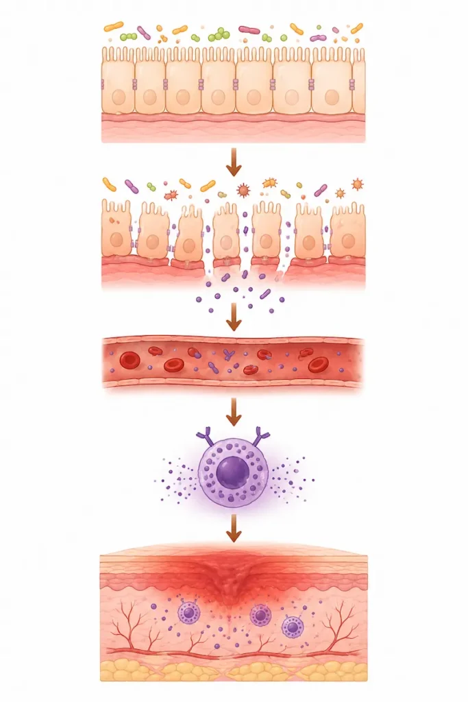 Diagram showing gut-skin axis pathway from leaky gut and LPS translocation through mast cell activation to rosacea acne eczema and psoriasis skin inflammation