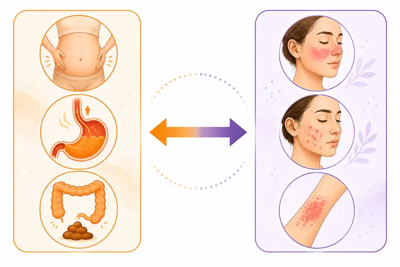 Split illustration showing gut symptoms including bloating acid reflux and loose stool alongside skin conditions rosacea acne and eczema as connected expressions of the same upstream gut dysfunction