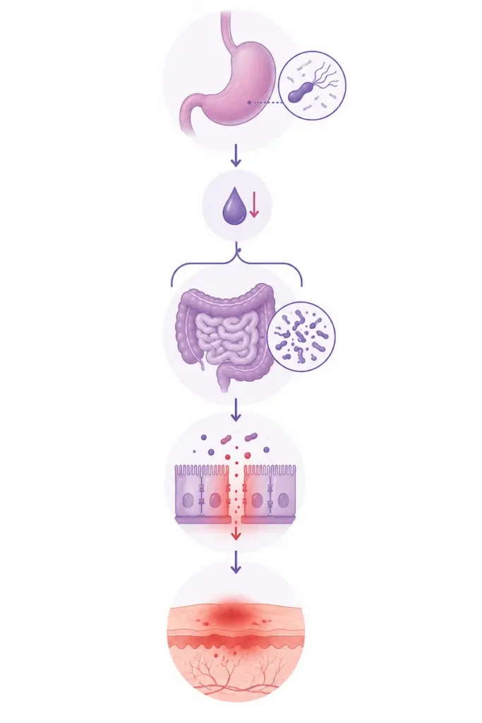 Diagram showing H. Pylori infection cascade from stomach acid reduction through SIBO development to histamine release and rosacea inflammation