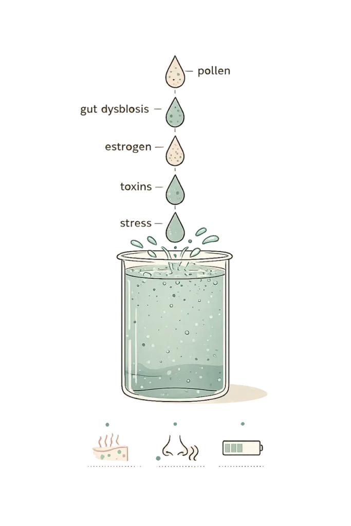 histamine bucket overload diagram showing seasonal allergies and skin flare root causes