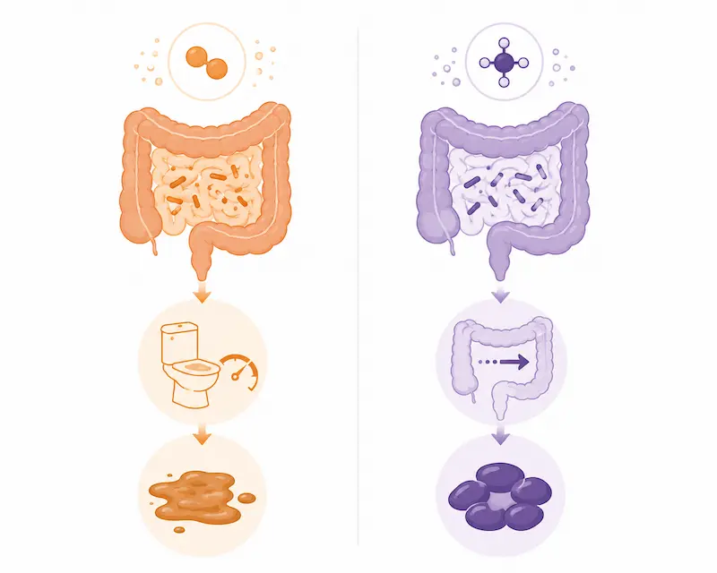 Comparison diagram showing hydrogen dominant SIBO loose stool symptoms versus methane dominant SIBO constipation symptoms in rosacea patients