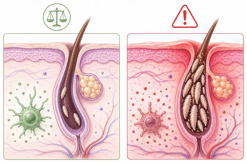 Split diagram comparing healthy Langerhans cell immune regulation of Demodex mites in balanced skin versus impaired immune regulation allowing Demodex overgrowth and inflammation in rosacea