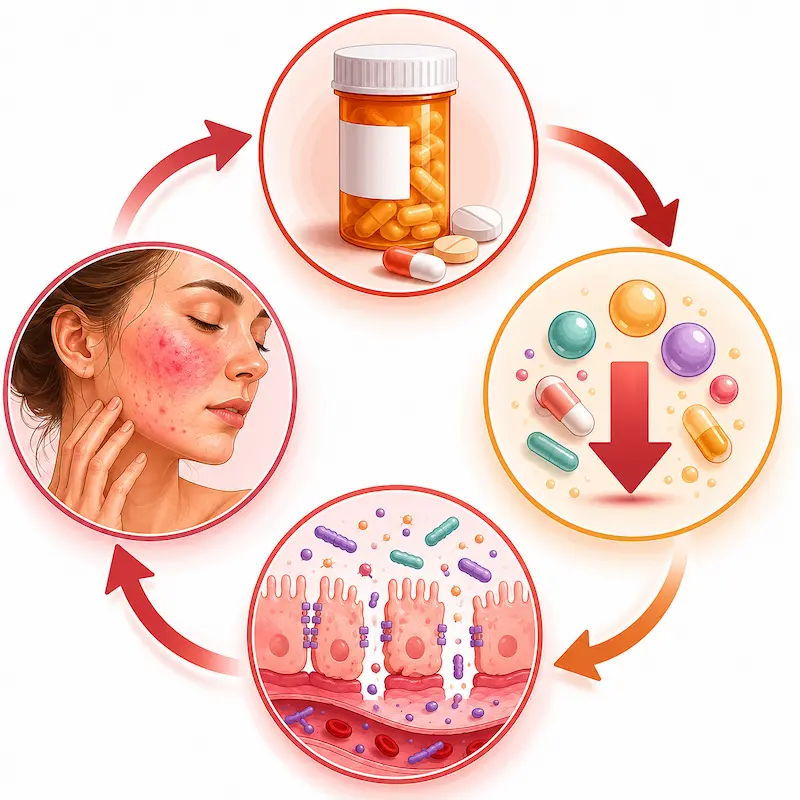 Diagram showing perpetual cycle of medications depleting nutrients and overwhelming liver worsening gut dysfunction that exacerbates skin conditions requiring more medications