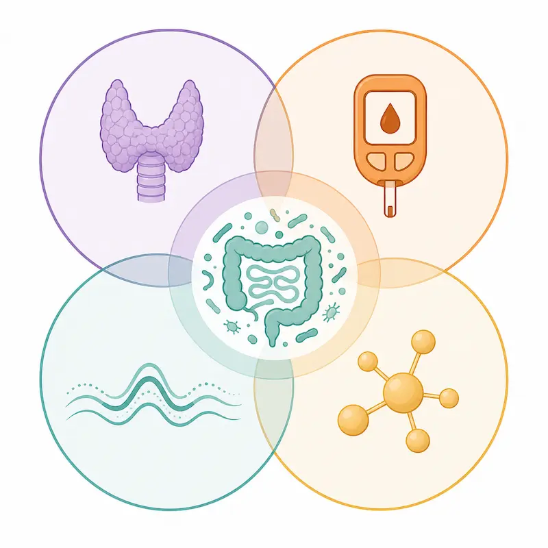 Diagram showing four upstream drivers of gut dysfunction and skin issues — thyroid dysfunction, blood sugar dysregulation, hormonal imbalances, and nutrient insufficiencies — cascading to gut-skin inflammation