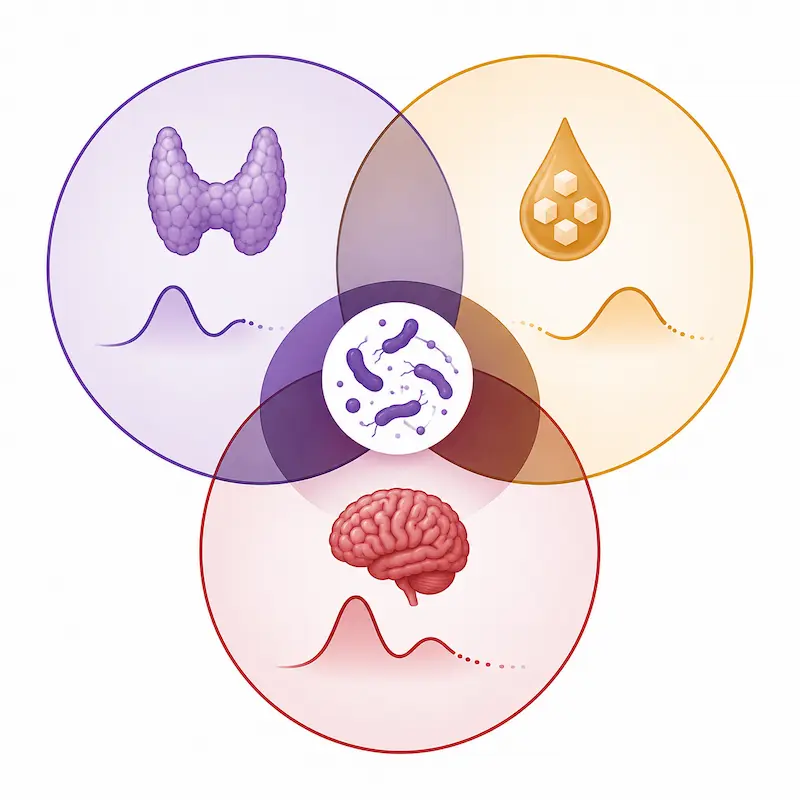 Diagram showing upstream triad of thyroid dysfunction, blood sugar dysregulation and chronic stress creating environment for H. Pylori SIBO and rosacea