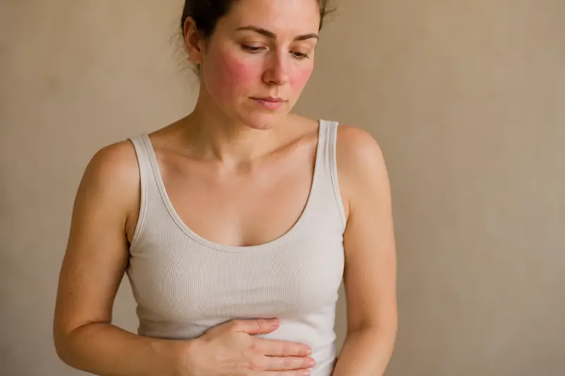 Woman with rosacea facial redness and skin inflammation exploring gut health and what gut problems cause skin issues through functional medicine approach