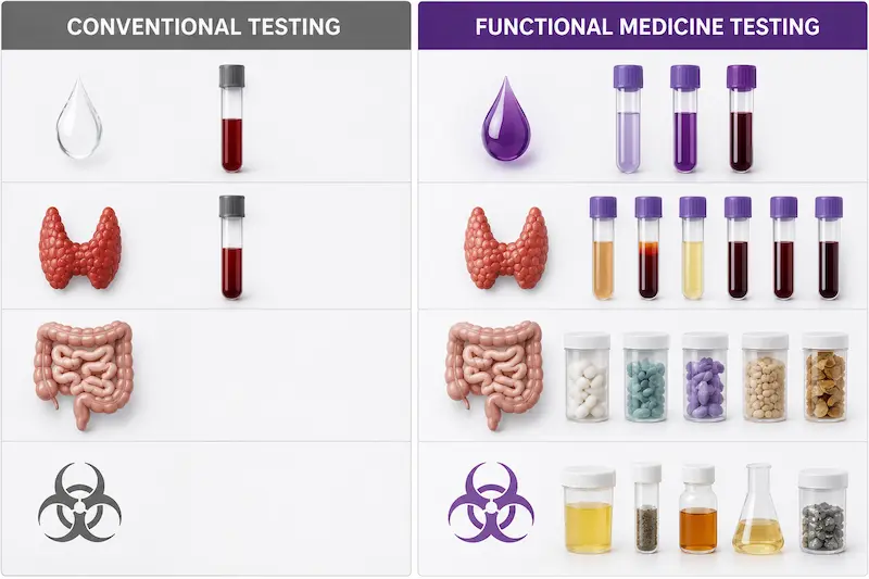 Comparison diagram showing conventional medicine testing versus functional medicine testing for rosacea across metabolic thyroid gut hormonal and toxic burden panels
