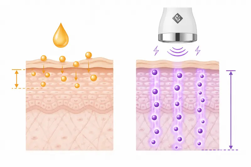 Diagram showing Environ DF Mobile iontophoresis driving vitamin A deeper into skin layers compared to passive product application for rosacea skincare