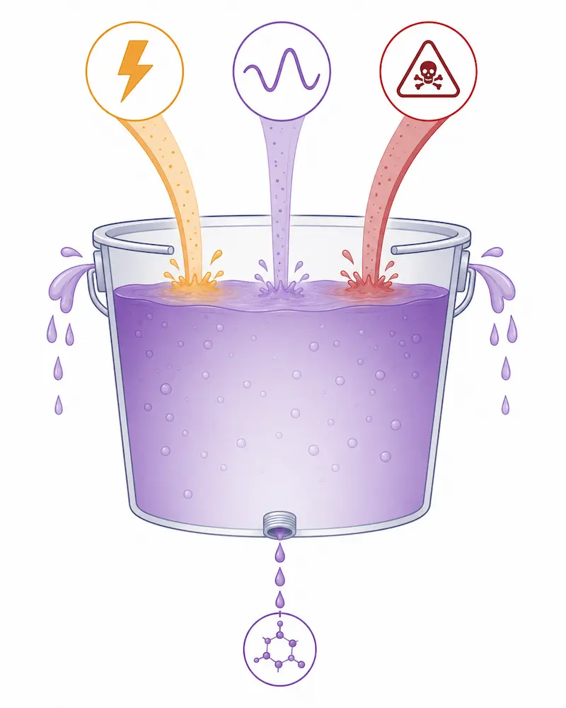 Signs and symptoms of histamine intolerance - Diagram showing histamine bucket filling from stress depleting B6, estrogen dominance stimulating mast cells, and toxin accumulation with DAO enzyme drainage impaired causing overflow symptoms
