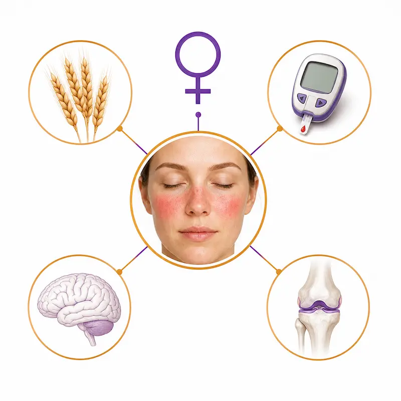 Diagram showing rosacea and autoimmune diseases association — celiac disease type 1 diabetes multiple sclerosis and rheumatoid arthritis linked particularly in women
