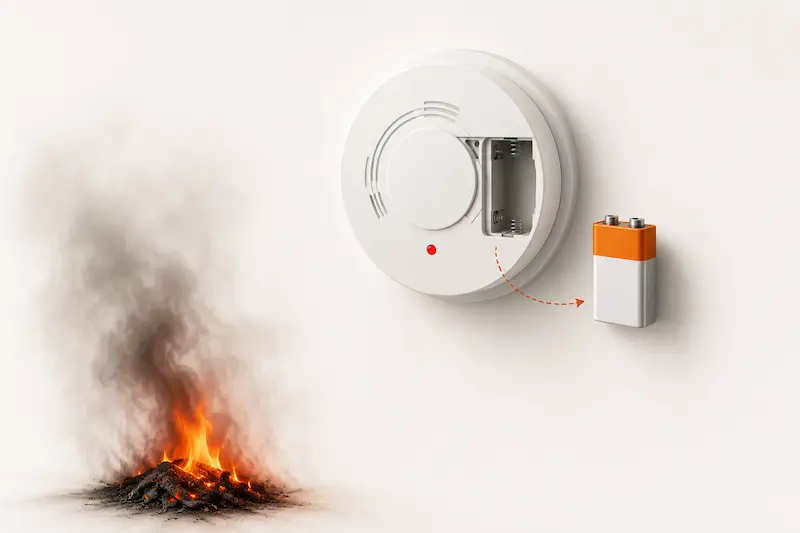 is rosacea autoimmune? Illustration showing fire alarm with battery removed beside smoldering fire representing conventional rosacea treatment suppressing immune signal without addressing upstream root cause
