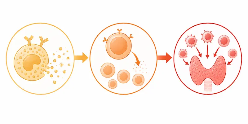 is rosacea autoimmune? Diagram showing rosacea immune dysregulation progression from Th2 dominance through Treg depletion to autoimmune tissue targeting with upstream drivers