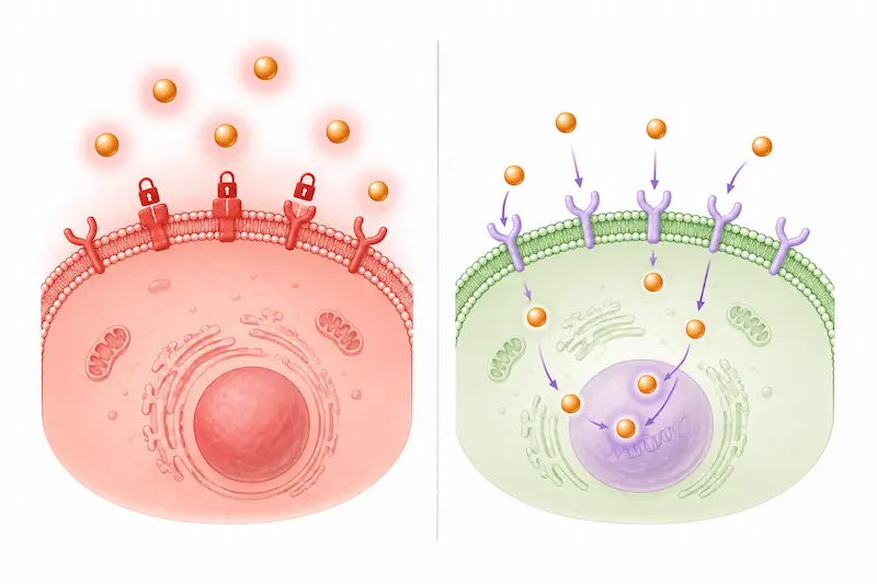 Diagram showing vitamin A receptor synthesis process with low dose ester forms building receptor density versus high dose retinol causing inflammatory response outside cell in rosacea skin
