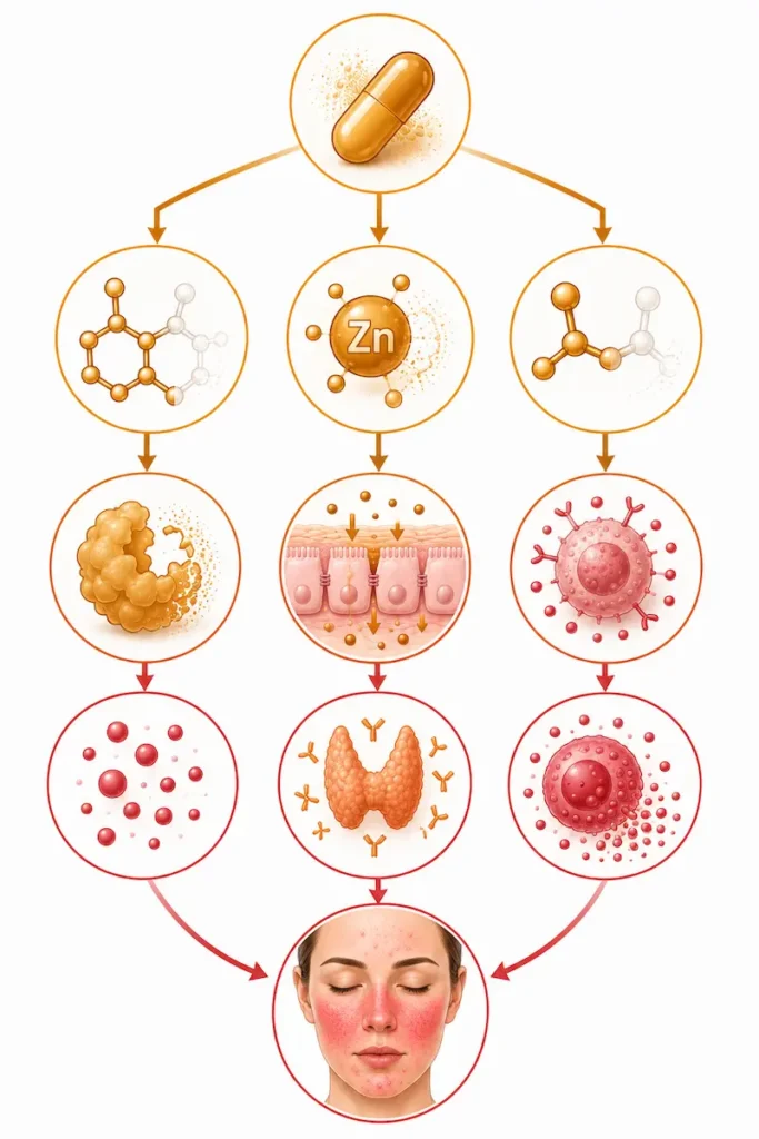 Diagram showing antibiotic nutrient depletion cascade depleting B6 impairing DAO histamine degradation zinc impairing barrier and SCFA removal disrupting immune regulation in rosacea