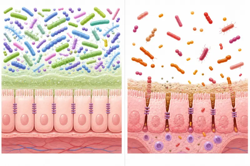 Diagram showing antibiotics eliminating lactic acid producing bacteria leading to gut dysbiosis opportunistic species overgrowth and rosacea worsening