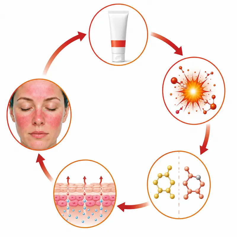 Diagram showing benzoyl peroxide vicious cycle depleting vitamin A and antioxidant reserves worsening rosacea barrier compromise and reactive skin