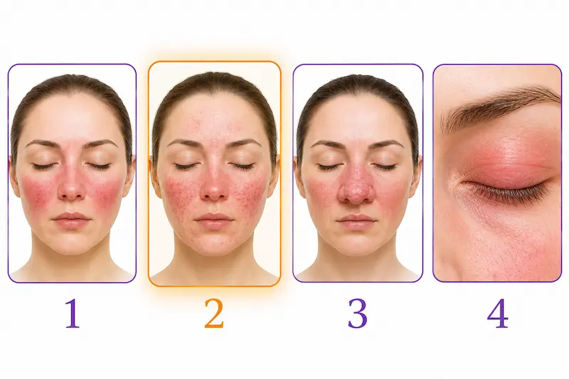 Diagram showing all four types of rosacea type 1 erythematotelangiectatic type 2 papulopustular type 3 phymatous type 4 ocular with key features